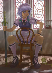 Rule 34 | 1girl, alternate weapon, antique phone, apron, between fingers, bow, braid, breast rest, breasts, chair, corded phone, fingernails, grey eyes, hair bow, hand on own thigh, has bad revision, has downscaled revision, high heels, holding, indoors, izayoi sakuya, kneehighs, knife, legband, looking away, maid headdress, md5 mismatch, medium breasts, open mouth, phone, pocket watch, ponkotu-px, puffy short sleeves, puffy sleeves, resolution mismatch, revision, ribbon, rotary phone, shadow, short hair, short sleeves, silver hair, sitting, sitting backwards, skirt, skirt set, socks, solo, source smaller, sunlight, sword, thigh strap, touhou, twin braids, waist apron, watch, weapon, window