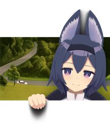Rule 34 | 1girl, animal ear fluff, animal ears, black hair, blush, car, closed mouth, commentary, english commentary, fourth wall, fox ears, ghost car, hairband, jacy, motor vehicle, original, parody, purple eyes, road, short hair, smile, solo, transparent background, tree, turtleneck