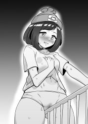 Rule 34 | 1girl, absurdres, beanie, belly, black hair, blush, bob cut, breasts, cameltoe, clothes lift, collarbone, creatures (company), crotch rub, eyebrows, female focus, female masturbation, floral print, game freak, half-closed eyes, hat, highres, humping, lifted by self, looking down, makino harumaki, masturbation, midriff, nintendo, open mouth, panties, poke ball symbol, pokemon, pokemon sm, railing, selene (pokemon), shirt, short hair, simple background, solo, standing, stomach, sweat, swept bangs, table humping, thick thighs, thighs, underwear, wet, wet clothes, wet panties