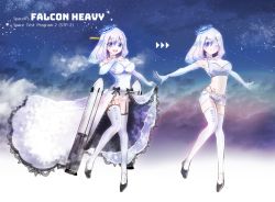Rule 34 | 1girl, :d, ajisai-san (pokkusu), american flag, armpits, bare shoulders, black garter straps, blue eyes, blush, breasts, character name, character sheet, cloud, crown, dress, elbow gloves, english text, falcon heavy, falcon heavy (project rocket girls), full body, garter straps, gloves, hair between eyes, hand on own chest, high collar, lace, lace-trimmed dress, lace trim, large breasts, long dress, medium hair, midriff, mini crown, navel, night, night sky, one eye closed, open mouth, outdoors, outstretched arms, panty straps, print legwear, project rocket girls, rocket, see-through, see-through skirt, short shorts, shorts, skirt, skirt hold, sky, smile, spacex, split mouth, sports bra, spread arms, standing, standing on one leg, star (sky), starry sky, striped clothes, striped headwear, swept bangs, tattoo, thighhighs, thong, united states, variations, white gloves, white hair, white sports bra, white thighhighs, zettai ryouiki