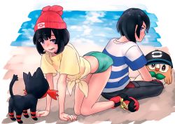 Rule 34 | 1boy, 1girl, all fours, beanie, black hair, black hat, blue eyes, capri pants, creatures (company), elio (pokemon), facing away, floral print, game freak, gen 7 pokemon, hat, highres, kneeling, kougo ken, litten, looking at another, looking back, looking down, nintendo, open mouth, pants, player character, pokemon, pokemon (creature), pokemon sm, red hat, rowlet, selene (pokemon), shirt, shoes, short hair, short shorts, shorts, sitting, sneakers, striped clothes, striped shirt, swept bangs, t-shirt, tied shirt, wide sleeves