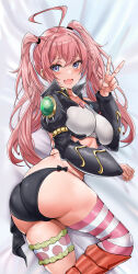Rule 34 | 1girl, aged up, ahoge, ass, asymmetrical legwear, black cape, black panties, blue eyes, blush, bow, bow panties, breasts, cape, commentary request, dakimakura (medium), fang, highres, jewelry, juliet sleeves, leg wrap, long hair, long sleeves, lying, medium breasts, midriff, milim nava, mismatched legwear, on side, open mouth, panties, pink hair, polka dot, puffy sleeves, smile, solo, striped clothes, striped thighhighs, t3x, tensei shitara slime datta ken, thighhighs, twintails, underwear