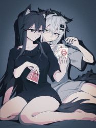 Rule 34 | 2girls, ace (playing card), ace of hearts, animal ears, arknights, arm around waist, black hair, black nails, black shirt, breasts, card, grey background, grey eyes, grey shirt, haidan uniiii, hair ornament, hairclip, heart, highres, holding, holding card, jack (playing card), jack of hearts, joker (playing card), king (playing card), king of hearts (playing card), lappland (arknights), long hair, medium breasts, multiple girls, nail polish, playing card, queen (playing card), queen of hearts (playing card), shadow, shirt, short sleeves, simple background, sitting, tail, texas (arknights), white hair, wolf ears, wolf girl, wolf tail, yellow eyes