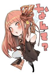 Rule 34 | 1girl, black dress, blunt bangs, blush, boots, brown eyes, brown footwear, commentary request, detached sleeves, dress, ear focus, foreshortening, grey thighhighs, hair ribbon, highres, kotonoha akane, long sleeves, looking at viewer, open mouth, pink hair, red ribbon, ribbon, simple background, siwasunohige, solo, standing, thighhighs, translation request, voiceroid, white background