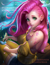 Rule 34 | 1girl, bench, bird, earrings, fluttershy, green eyes, humanization, jewelry, lipstick, long hair, makeup, my little pony, my little pony: friendship is magic, personification, petals, pink hair, pink lips, sakimichan, shorts, sitting, solo, stud earrings, tattoo, thighhighs, water, watermark, web address, yellow thighhighs
