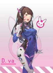 Rule 34 | 1girl, ;d, absurdres, bad id, bad pixiv id, bodysuit, breasts, brown eyes, brown hair, character name, covered erect nipples, covered navel, d.va (overwatch), facial mark, gun, handgun, highres, long hair, one eye closed, open mouth, overwatch, overwatch 1, pistol, sanyuejiuri, smile, solo, taut clothes, weapon, whisker markings