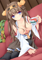 Rule 34 | 10s, 1girl, ahoge, azure (capriccio), bad id, bad pixiv id, bare shoulders, blush, breasts, brown hair, cup, detached sleeves, double bun, hair ornament, hairband, headgear, japanese clothes, kantai collection, kongou (kancolle), large breasts, long hair, open clothes, open mouth, open shirt, outstretched arm, personification, shirt, solo, tea, teacup, thighhighs