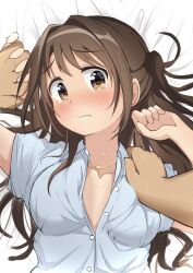 Rule 34 | 1boy, 1girl, bed sheet, blush, breasts, brown eyes, brown hair, buttons, cleavage, closed mouth, collarbone, commentary request, hand on another&#039;s shoulder, highres, holding hands, idolmaster, idolmaster cinderella girls, interlocked fingers, jewelry, kuwahara, long hair, looking at viewer, lying, medium breasts, necklace, on bed, pov, shimamura uzuki, shirt, short sleeves, sidelocks, sweat, tearing up, unbuttoned, unbuttoned shirt, upper body, wavy mouth, white shirt