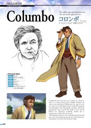 Rule 34 | 1boy, blue necktie, brown footwear, cigar, coat, columbo, lieutenant columbo, commentary, daisyspiers, english commentary, english text, fake screenshot, final fantasy, final fantasy x, highres, multiple views, necktie, pants, profile, shoes, simple background, white background