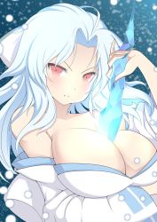 Rule 34 | 1girl, ahoge, bare shoulders, between breasts, blue hair, bow, breasts, cleavage, commission, crystal sword, hair bow, highres, human scabbard, japanese clothes, kimono, large breasts, light blue hair, long hair, looking at viewer, low neckline, obi, off shoulder, official style, parted bangs, parted lips, red eyes, ribbon-trimmed kimono, roisin, sash, senran kagura, snowflakes, solo, sword, teeth, upper body, weapon, white bow, white hair, white kimono, wide sleeves, yumi (senran kagura)