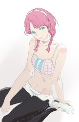 Rule 34 | 1girl, absurdres, aqua eyes, arknights, black pants, blue poison (arknights), blue poison (shoal beat) (arknights), braid, breasts, choker, cleavage, collarbone, hairband, highres, looking at viewer, medium breasts, pants, pants under shorts, parted lips, pink choker, pink hair, shoes, short shorts, shorts, simple background, sitting, sneakers, solo, spaghetti strap, sports bra, twin braids, white background, white footwear, white shorts, yimillily