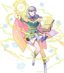 Rule 34 | 1girl, alternate costume, belt pouch, book, boots, cape, circlet, closed mouth, dress, feather trim, fire emblem, fire emblem: radiant dawn, fire emblem heroes, fur trim, gold trim, gradient clothes, hair ornament, hand up, highres, holding, holding book, ilyana (fire emblem), jewelry, knee boots, leg up, lightning, long hair, magic, nintendo, non-web source, official alternate costume, official art, open book, open mouth, pouch, purple eyes, purple hair, short dress, short sleeves, skirt, snowflakes, solo, transparent background, urata asao, wrist cuffs