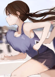 Rule 34 | absurdres, bare shoulders, bouncing breasts, breasts, brown hair, from side, highres, large breasts, long hair, mole, motion blur, original, running, shorts, solo focus, sportswear, tank top, twintails, yukari (rihenara doll)