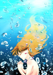 Rule 34 | 1girl, agpro, alternate hair length, alternate hairstyle, bad id, bad pixiv id, breasts, bubble, creatures (company), earrings, closed eyes, floating hair, from side, game freak, jewelry, light rays, long hair, mermaid, misty (pokemon), monster girl, necklace, nintendo, nude, orange hair, own hands together, parted lips, pokemon, pokemon (anime), portrait, profile, sideways mouth, small breasts, solo, sunbeam, sunlight, underwater, upper body, water