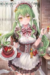 Rule 34 | 1girl, apron, bow, bowtie, breasts, brown dress, cake, cowboy shot, dress, food, garter straps, green hair, highres, holding, long hair, looking at viewer, low twintails, maid, maid apron, maid headdress, medium breasts, momoko (momopoco), orange eyes, original, plate, short sleeves, solo, striped clothes, striped dress, twintails, underbust, wrist cuffs, yukari (momoko)