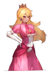 Rule 34 | 1girl, absurdres, blonde hair, closed mouth, commentary, cropped legs, crown, dress, earrings, elbow gloves, gloves, hand on own hip, highres, jewelry, long hair, mario (series), nintendo, pink dress, princess peach, shiburingaru, simple background, smile, solo, symbol-only commentary, white background, white gloves