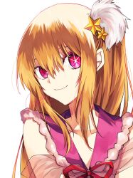Rule 34 | 1girl, blonde hair, closed mouth, collarbone, commentary, einein810, fur-trimmed collar, fur trim, hair between eyes, hair ornament, highres, hoshino ruby, idol, idol clothes, long hair, looking at viewer, mismatched pupils, one side up, oshi no ko, pink eyes, red ribbon, ribbon, see-through, sidelocks, signature, simple background, sleeveless, smile, solo, star-shaped pupils, star (symbol), star hair ornament, symbol-shaped pupils, twitter username, upper body, variant set, white background
