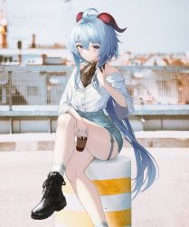 Rule 34 | 1girl, absurdres, ahoge, alternate costume, ankle boots, bare legs, bare shoulders, bell, black footwear, blue hair, blurry, blurry background, bodystocking, bodysuit, bodysuit under clothes, boots, breasts, cityscape, commentary, contemporary, cross-laced footwear, crossed legs, cup, dated, disposable cup, drink, drinking straw, flippy (cripine111), foot out of frame, ganyu (genshin impact), genshin impact, hair between eyes, high-waist shorts, highres, holding, holding cup, holding drink, holding own hair, horns, lace-up boots, light smile, long hair, looking at viewer, low ponytail, neck bell, off-shoulder shirt, off shoulder, outdoors, purple eyes, railing, rooftop, shirt, shirt tucked in, short shorts, short sleeves, shorts, sidelocks, sitting, socks, solo, thigh strap, thighs, white footwear, white shirt, wide sleeves