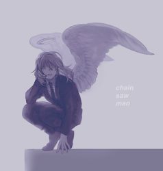 Rule 34 | 1boy, angel devil (chainsaw man), angel wings, black jacket, black pants, brown eyes, brown hair, chainsaw man, collared shirt, dress shirt, dress shoes, feathers, formal, halo, highres, jacket, kanikan22, long hair, necktie, pants, shirt, solo, squatting, suit, white background, white shirt, wings