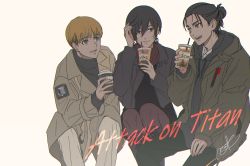 Rule 34 | 1girl, 2boys, :d, absurdres, armin arlert, beige background, black hair, blonde hair, boots, brown legwear, casual, coffee, contemporary, copyright name, cup, disposable cup, drinking straw, eren yeager, green jacket, grey eyes, grey jacket, hair between eyes, hand up, highres, holding, holding cup, hood, hoodie, invisible chair, jacket, knee boots, looking at another, macaronk, mikasa ackerman, multiple boys, open mouth, pants, red scarf, resolution mismatch, scarf, shingeki no kyojin, short hair, signature, simple background, sitting, smile, source larger