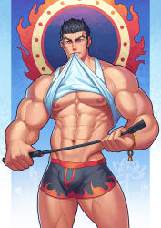 Rule 34 | 1boy, abs, aizen (housamo), bara, bare shoulders, black male underwear, bulge, clothes in mouth, clothes lift, flame print, halo, halo behind head, jiajiuli, large pectorals, lifting own clothes, long sideburns, looking at viewer, male focus, male underwear, mouth hold, muscular, muscular male, navel, nipples, no pants, pectorals, print male underwear, shirt in mouth, shirt lift, short hair, sideburns, sidepec, solo, stomach, tank top, thick thighs, thighs, tokyo houkago summoners, underpec, underwear, white tank top