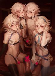 Rule 34 | 5boys, abs, absurdres, adjusting hair, belt, blush, bow, censored, cock ring, corrin (fire emblem), corrin (male) (fire emblem), corrin (male) (fire emblem), crossdressing, detached sleeves, erection, fire emblem, fire emblem fates, fire emblem heroes, hair bow, halterneck, heart, heart censor, highres, imminent penetration, kneeling, looking at penis, looking at viewer, male focus, multiple boys, navel, nintendo, nipple piercing, nipples, pale skin, penis, penis piercing, piercing, pov, pubic hair, red bow, red eyes, samsara (shuukeura), sex toy, size difference, smile, testicles, thighhighs, trap, yaoi