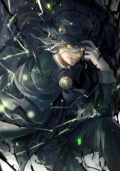Rule 34 | 1boy, aura, black cape, black hat, black jacket, black pants, cape, collared shirt, edmond dantes (fate), electricity, fate/grand order, fate (series), formal, gloves, hat, jacket, long sleeves, looking at viewer, male focus, medium hair, noes, open mouth, pants, shirt, silver hair, solo, suit, white gloves, white shirt, wing collar, yellow eyes