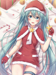 Rule 34 | 1girl, :d, akira (been0328), bad id, bad pixiv id, bed sheet, bell, blush, box, candy, candy cane, capelet, christmas, commentary request, dress, dutch angle, food, fur-trimmed capelet, fur-trimmed dress, fur-trimmed gloves, fur-trimmed headwear, fur trim, gift, gift box, gloves, green eyes, green hair, hair between eyes, hat, hatsune miku, holding, holding star, jingle bell, long hair, looking at viewer, lying, on back, open mouth, panties, red capelet, red dress, red gloves, red hat, santa costume, santa hat, smile, solo, spring onion, star (symbol), striped clothes, striped panties, twintails, underwear, very long hair, vocaloid, white neckwear