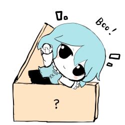 Rule 34 | 1girl, ?, arm up, black eyes, blue hair, blush stickers, box, chibi, fumo (doll), highres, in box, in container, long sleeves, looking at viewer, rei (tonbo0430), short hair, sketch, smile, solo, tatara kogasa, touhou