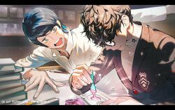 Rule 34 | + +, 2boys, amamiya ren, black eyes, black hair, black jacket, blue hair, blush, book, book stack, btmr game, candy, closed mouth, collared shirt, commentary request, food, glasses, indoors, jacket, kitagawa yuusuke, letterboxed, long sleeves, male focus, multiple boys, opaque glasses, open mouth, pencil, persona, persona 5, school uniform, shirt, shuujin academy school uniform, sketchbook, sparkle, spoon, sweat, table, upper body, white shirt