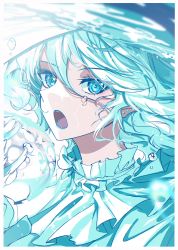 Rule 34 | 1girl, absurdres, blue eyes, blue hair, floating hair, furai sen, highres, looking at viewer, making-of available, neck ruff, open mouth, original, portrait, sharp teeth, solo, teeth, water, white headwear