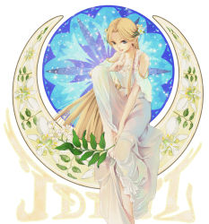 Rule 34 | 1girl, art nouveau, bad id, bad pixiv id, barefoot, blonde hair, blue eyes, character name, dress, elf, flower, hair flower, hair ornament, idril celebrindal, long hair, middle earth, pointy ears, shoda masumi, shouda masumi, sitting, smile, solo, the lord of the rings, the silmarillion, tolkien&#039;s legendarium, tolkien's legendarium, very long hair, white dress