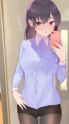 Rule 34 | 1girl, :o, black hair, black pantyhose, blouse, blue shirt, blush, cellphone, collared shirt, commentary request, earrings, hair between eyes, hand up, highres, holding, holding phone, indoors, jewelry, long hair, long sleeves, looking at viewer, no pants, original, panties, panties under pantyhose, pantyhose, parted lips, phone, red eyes, shirt, solo, standing, stud earrings, tomozero, translation request, underwear, white shirt