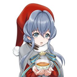 Rule 34 | 1girl, blue eyes, blue hair, christmas, commentary request, cup, gloves, unworn gloves, gotland (kancolle), hair between eyes, hat, highres, holding, holding cup, kantai collection, long hair, long sleeves, mole, mole under eye, santa costume, santa hat, simple background, solo, tk8d32, upper body, white background