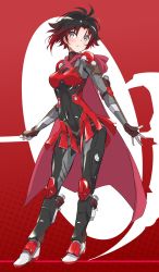 Rule 34 | 1girl, alternate costume, armor, armored boots, armored skirt, black hair, bodysuit, boots, breasts, cape, commentary, english commentary, fingerless gloves, full body, gloves, grey eyes, highres, iesupa, parted lips, power armor, red armor, red cape, red hair, ruby rose, rwby, short hair, shoulder armor, silhouette, solo