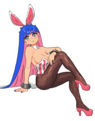 Rule 34 | 1girl, animal ears, blue eyes, blue hair, blue nails, blunt bangs, bracelet, breasts, brown pantyhose, cleavage, colored inner hair, commentary, cosplay, detached collar, english commentary, fake animal ears, fishnet pantyhose, fishnets, hairband, high heels, highres, invisible chair, jewelry, kiriririn, large breasts, leg up, leotard, maplestory, maplestory 2, multicolored hair, nail polish, panty &amp; stocking with garterbelt, pantyhose, pink footwear, pink hair, pink leotard, platform footwear, platform heels, playboy bunny, rabbit ears, rabbit tail, sitting, solo, spiked bracelet, spiked hairband, spikes, stocking (psg), strapless, strapless leotard, striped, tail, two-tone hair, vanilla (maplestory2), vanilla (maplestory2) (cosplay), vertical stripes