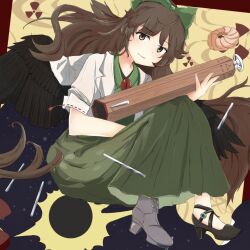 Rule 34 | 1girl, arm cannon, asymmetrical footwear, bird wings, black footwear, black wings, bow, brown hair, cannon, closed mouth, commentary request, green bow, green eyes, green skirt, hair bow, high heels, long hair, looking at viewer, mismatched footwear, morizou shi, radiation symbol, reiuji utsuho, short sleeves, skirt, solo, third eye, touhou, very long hair, weapon, wings, yellow background