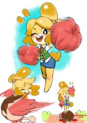 Rule 34 | 1boy, 1girl, absurdres, animal crossing, animal ears, arm up, artist name, bell, black eyes, blonde hair, blood, blue skirt, blush, brown hair, closed eyes, colo (nagrolaz), dated, defeat, dog ears, dog girl, dog tail, face down, flat chest, full body, furry, green vest, hair bell, hair ornament, hair tie, hand up, happy, highres, holding, isabelle (animal crossing), jingle bell, jpeg artifacts, leg up, looking at viewer, lying, miniskirt, motion blur, motion lines, multiple views, neck ribbon, nintendo, on stomach, open mouth, pencil skirt, pom pom (cheerleading), punching, red ribbon, red shirt, ribbon, shirt, short hair, short sleeves, simple background, skirt, smile, standing, standing on one leg, standing on person, super smash bros., tail, teeth, topknot, vest, villager (animal crossing), watermark, white shirt