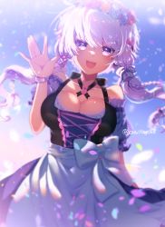 Rule 34 | 1girl, :d, braid, breasts, cleavage, commentary, dirndl, dress, german clothes, highres, ikkokudou, large breasts, long hair, looking at viewer, open mouth, purple eyes, purple hair, rabbit ornament, smile, solo, twintails, vocaloid, voiceroid, waving, yuzuki yukari