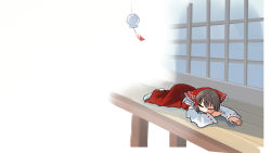 Rule 34 | 1girl, bow, chamaji, commentary request, detached sleeves, closed eyes, hair bow, hair tubes, hakurei reimu, highres, lying, medium hair, nontraditional miko, outdoors, porch, red shirt, ribbon trim, shirt, shouji, sleeping, sleeveless, sleeveless shirt, sliding doors, socks, solo, touhou, veranda, wide sleeves, wind chime, yin yang, yin yang print