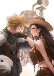 Rule 34 | 1boy, 1girl, armor, bare shoulders, belt buckle, black hair, blonde hair, blue eyes, blurry, blurry background, blush, breasts, brown gloves, brown headwear, brown skirt, brown vest, buckle, cloud strife, commentary, cowboy hat, crisis core final fantasy vii, earrings, embarrassed, english commentary, eyelashes, final fantasy, final fantasy vii, final fantasy vii remake, from side, gloves, hat, helmet, highres, holding, jewelry, large breasts, long hair, looking at another, outdoors, red eyes, scarf, shinra infantry uniform, shoulder armor, single earring, skirt, smile, spiked hair, spykeee, sweatdrop, tifa lockhart, tifa lockhart (cowgirl), twitter username, unworn headwear, unworn helmet, vest, water tank, water tower, watermark