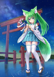 Rule 34 | 1girl, absurdres, animal ear fluff, animal ears, bare shoulders, blue eyes, blue hakama, bouquet, brown footwear, closed mouth, commentary request, commission, detached sleeves, falling star, flower, fox ears, fox girl, fox tail, green hair, hair ornament, hakama, hakama short skirt, hakama skirt, high ponytail, highres, holding, holding bouquet, iroha (iroha matsurika), japanese clothes, kimono, long hair, long sleeves, miko, night, night sky, original, outdoors, pink flower, pixiv commission, ponytail, purple flower, ribbon-trimmed legwear, ribbon-trimmed sleeves, ribbon trim, ripples, ryoubu torii, sandals, shide, shooting star, skirt, sky, sleeveless, sleeveless kimono, smile, solo, star (sky), star (symbol), star hair ornament, starry sky, tail, thighhighs, torii, very long hair, water, white flower, white kimono, white sleeves, white thighhighs, wide sleeves, zouri