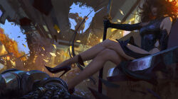 Rule 34 | 1girl, 3boys, armor, bare shoulders, bayard wu, black dress, blue sky, commentary, crossed legs, debris, destruction, detached sleeves, dress, english commentary, hair lift, helmet, high heels, highres, holding, holding weapon, hole, horse, impaled, knight, messy hair, multiple boys, original, red hair, sitting, sky, sleeveless, sleeveless dress, sword, train, train interior, weapon
