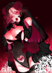 Rule 34 | 1girl, alternate costume, black thighhighs, black wedding dress, blush, breasts, brown hair, clothing cutout, covered navel, cum, cum in mouth, dark persona, dress, elbow gloves, facial, flower, gloves, gradient background, hair between eyes, heart, heart cutout, heart tattoo, highres, iapoc, jintsuu (kancolle), kantai collection, large breasts, leotard, long hair, nipples, open mouth, pubic tattoo, purple eyes, red flower, revealing clothes, solo, tattoo, thighhighs, tongue, tongue out, wedding dress