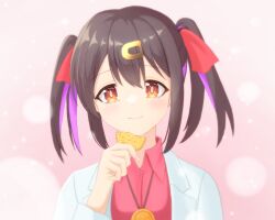 Rule 34 | 1girl, black hair, bolo tie, brown eyes, bubble background, coat, commentary, cookie, food, hair between eyes, hair ornament, hair ribbon, hairclip, happy tears, highres, holding, holding cookie, holding food, k-d, lab coat, light blush, long sleeves, looking at viewer, multicolored hair, onii-chan wa oshimai!, open clothes, open coat, oyama mihari, pink background, portrait, purple hair, red ribbon, red shirt, ribbon, shirt, simple background, smile, solo, streaked hair, tearing up, tears, twintails, two-tone hair, wing collar