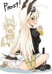 Rule 34 | 2girls, alcohol, animal ears, ass, bad id, bad pixiv id, beer, beer mug, blush, boots, bottle, cup, dakku (ogitsune), drunk, female focus, german text, goggles, goggles on head, hanna-justina marseille, hat, head wings, jacket, leather, leather jacket, long hair, looking at viewer, looking back, military, military uniform, mug, multiple girls, open mouth, pink hair, raisa pottgen, short hair, strike witches, tail, text focus, translated, uniform, wings, world witches series