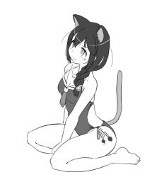 Rule 34 | 1girl, adapted costume, animal ears, barefoot, braid, breasts, casual one-piece swimsuit, cat ears, cat tail, cleavage, collarbone, commentary request, full body, greyscale, hair flaps, hair over shoulder, kantai collection, monochrome, one-piece swimsuit, shigure (kancolle), shigure kai ni (kancolle), side-tie swimsuit, simple background, single braid, sitting, small breasts, solo, swimsuit, tail, tamu (mad works), wariza