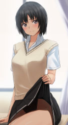 Rule 34 | 1girl, amagami, black hair, black one-piece swimsuit, black skirt, blush, brown eyes, brown sweater vest, classroom, closed mouth, clothes lift, commentary, commentary request, competition swimsuit, curtains, desk, dress shirt, highleg, highleg swimsuit, highres, kibito high school uniform, lifted by self, nanasaki ai, on desk, one-piece swimsuit, partial commentary, raised eyebrows, revision, school uniform, shirt, short hair, short sleeves, sitting, skirt, skirt lift, smile, solo, sweater vest, swimsuit, swimsuit under clothes, white shirt, window, yoo tenchi