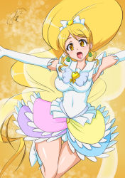 Rule 34 | 10s, 1girl, :d, blonde hair, boots, bow, brooch, cure honey, cure honey (innocent form), earrings, elbow gloves, frills, gloves, hair bow, happinesscharge precure!, heart, heart brooch, highres, innocent form (happinesscharge precure!), jewelry, knee boots, layered skirt, long hair, magical girl, multicolored clothes, multicolored skirt, oomori yuuko, open mouth, orange background, outstretched arms, precure, skirt, smile, solo, spread arms, tamo (nama-yatsuhashi), white bow, white footwear, white gloves, yellow eyes