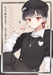 Rule 34 | 1boy, black headwear, black pants, black shirt, blood, blood on face, character request, collared shirt, copyright request, hair ribbon, hand up, highres, jewelry, layered sleeves, long sleeves, love mintchoco, male focus, necklace, pants, red eyes, red ribbon, ribbon, shirt, shirt under shirt, short over long sleeves, short sleeves, solo, sparkle, suspenders, suspenders slip, white shirt